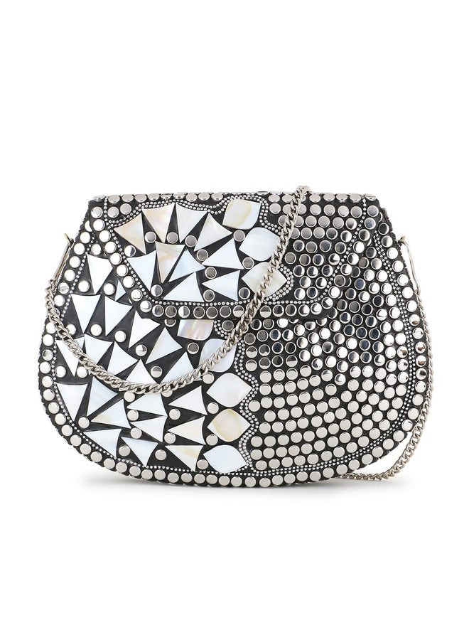 Anekaant Mosaic Silver & White Metal Embellished Clutch - Image 1